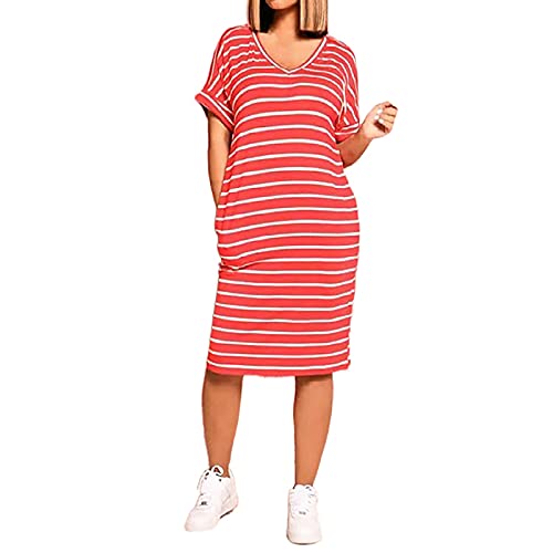 YUNIAO Summer T Shirt Dress for Women, Casual Short Sleeve Stripe V-Neck Straight Loose Midi Skirt