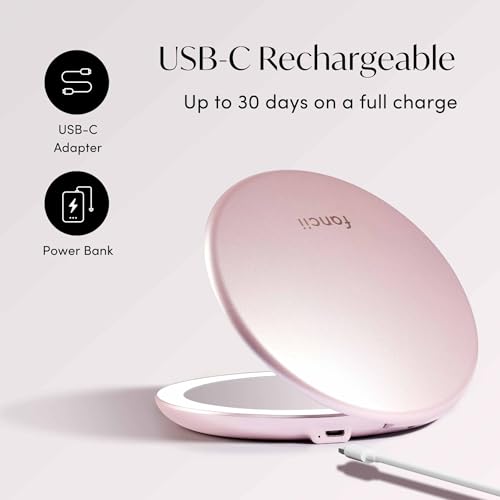 Image of Fancii Taylor LED Lighted Travel Makeup Mirror, Rechargeable with 10x /1x Magnifying & 3 Light Settings - Compact, Portable, Large 5 inch Wide Hand Mirror for Handbag and Purses (Rose Gold)