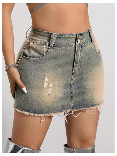 WDIRARA Women's Plus Size Distressed Denim Skirt Frayed High Waist Bodycon Mini Jean Skirts with Pockets3