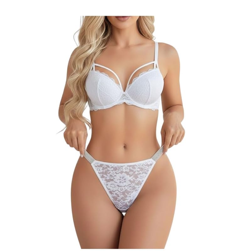 Women Shine Strap G-String Thongs Underwear – Sexy Low Rise Stretchable Lace Bikini Panty Pack of 1 (White)