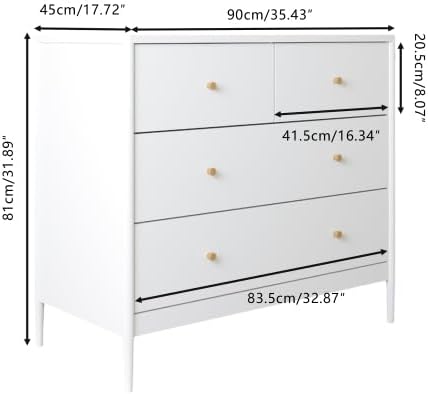 Dresser with 4 Drawers, White, Wooden, Modern Chest of Drawers for Bedroom