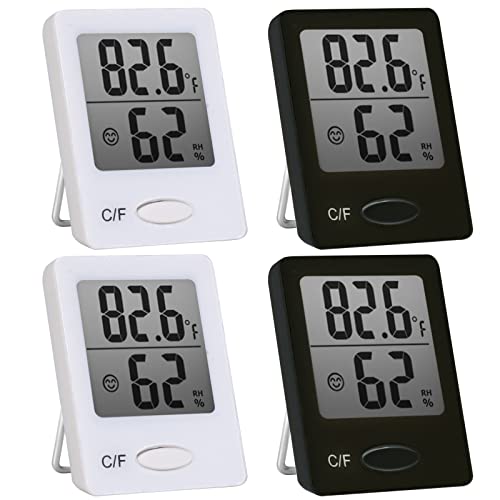 Mini Digital Hygrometer Innen - 4 Stück thermometer innen, Thermometer Hygrometer mit Smiley-Indikator, Raumthermometer, Luftfeuchtigkeitsmesser Innen für Innenraum,Babyraum,Wohnzimmer,Büro,schwarz Cover