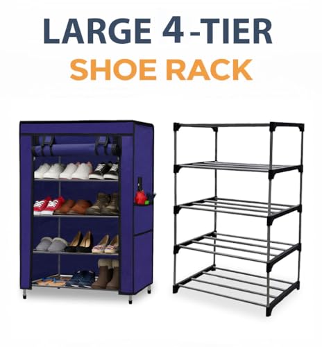 Image of Multipurpose Collapsible 4 Layer Metal Shoe Stand, Shoe Organiser for Home & Office (Dark Blue, Metal)