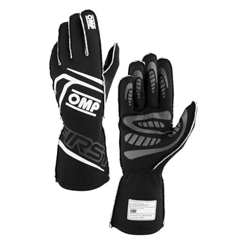 OMP Racing Driving Gloves, First, FIA Approved, Single Layer, Fire Retardant Fabric, Black, Medium, Pair