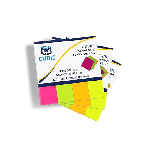 Image of Cubic Prompt Neon Sticky Note Pad Page Markers - Fluorescent Color Flags Pack of 3 - 1.9cm x 7.5cm, 160 Sheets Each