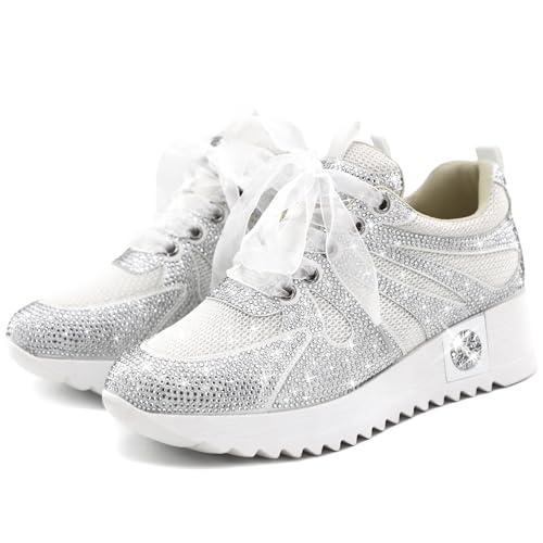 Image of FINDVELL Women's Fashion Glitter Sneakers Platform Wedge Shoes Sparkly Rhinestone High Top Sneakers Trendy Sequin Shoes Wedding Bride Dress