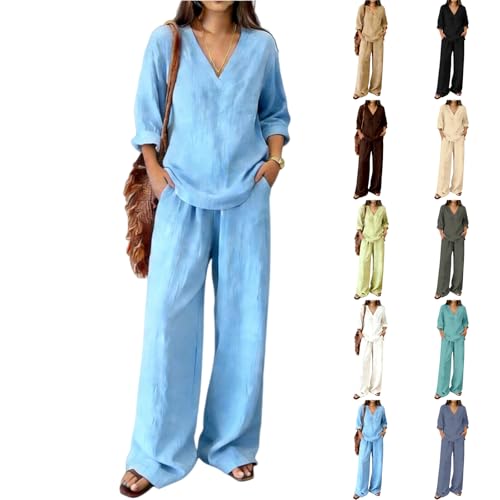 Linen Two Piece Set Women,Linen Sets for Women 2 Piece Summer Lightweight Curvy V Neck Shirt and Wide Leg Pants Casual Spring Travel Lounge Outfit Matching Set Plus Size,Blue,XXL