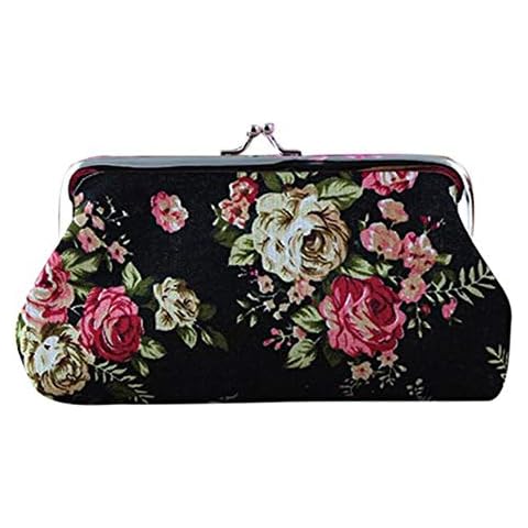 Fhuuly Clearance Ladies Women’s Retro Vintage Flower Small Wallet Hasp Purse Clutch Bag Purse Oilcloth Short Wallet (Black) Cover