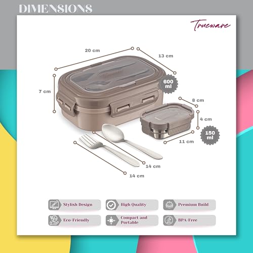 Image of Trueware Picaso Jr. Insulated Inner Steel Thermoware BPA Free, Airtight, Food Grade, 2 Containers Lunch Box 750 ML | for School, Kids, Boy & Girl | Hot Lunch Box