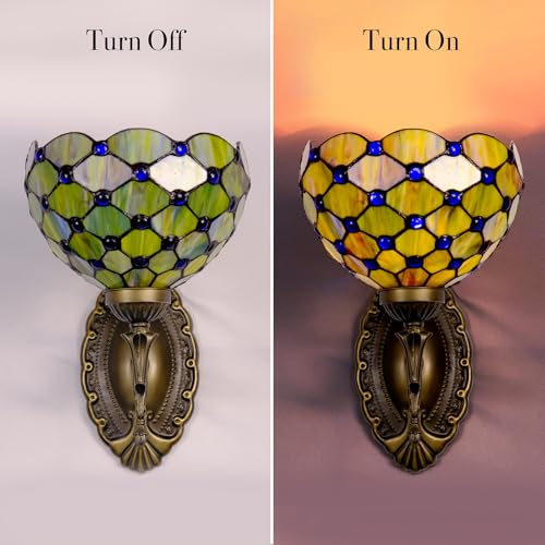 Image of Tiffany Wall Sconce Hand-Weld Stained Glass Bedside Lamp with Classic 8 Inches Lampshade for Bedroom Hallway Living Room Home Office (Gradient Green)