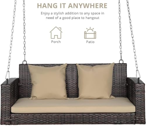 Image of India Hanging Swing Seater Patio Wicker Swings Outdoor Solid Chain Comfortable Back Front Porch for Garden Balcony (Brown +Cream Cushion with Cream Pillow, 2 Seater)