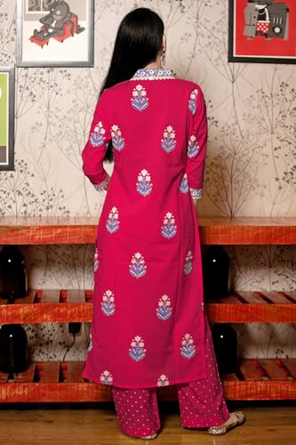 Image of GoSriKi Women's Cotton Blend Straight Hand Block Printed Kurta with Pant & Dupatta | Ethnic Wear for Women | Indian Casual Office Daily Summer Outfit