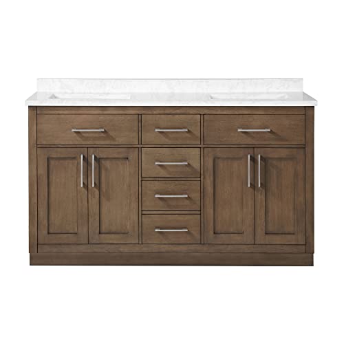 Ove Decors Maya Plus 60 in. Double Sink Bathroom Vanity in Almond Latte Finish, Black Hardware and Included Power Bar