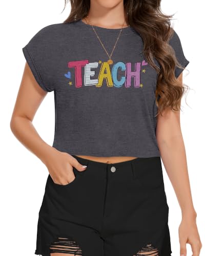 Image of Womens Crop Tops Summer Roll Cap Sleeve Cropped Tshirt Loose Fit Basic Tees