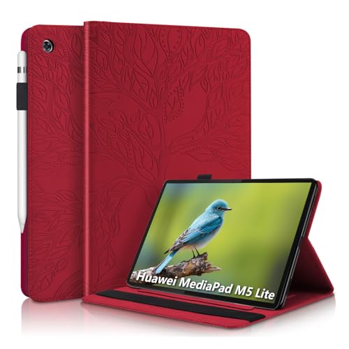 Aswant Huawei Mediapad M5 Lite 10 Hülle Geprägter Baum PU PU Leder Brieftasche BookStyle Flip Cover Stand Kartensteckplatz Tablet Schutzhülle Für Huawei Mediapad M5 Lite/C5 10.1 Zoll 2018 - rot