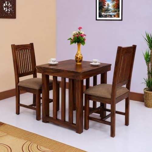 Image of Solid Wood 2 Seater Dining Table Set for Home & Kitchen | Walnut Finish Dining Set with 2 Cushioned Chairs | Compact Dining Furniture for Dining Room, Apartment & Cafe