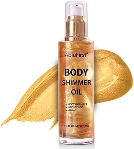 Shimmer Body Oil 4 Colors Summer Body Glitter Moisturizing Light Shimmer Glow Non-Sticky Summer Body Luminizer and Illuminator Smooth (2.8 Fl Oz (Pack of 1), Gold)
