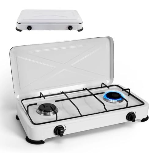 Avilia Cuisinière à gaz GPL en acier avec 2 feux et couvercle anti-poussière portable - Idéal pour cuisiner différents plats dans des espaces petits ou en plein air - Pieds antidérapants et flammes