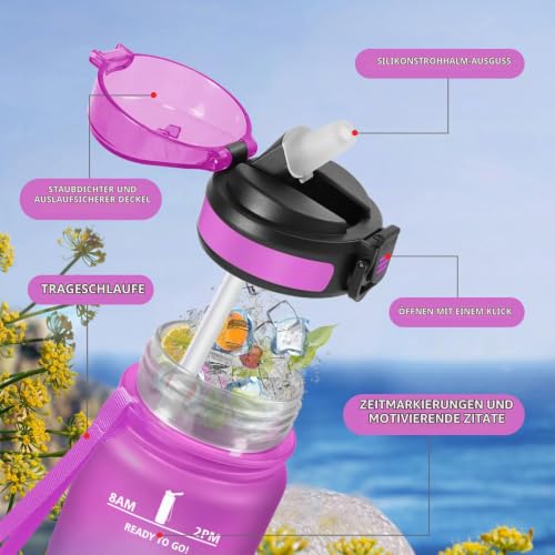 Trinkflasche 1L, Motivierende Trinkflasche mit Zeitmarkierung, Auslaufsicher, Sport Wasserflasche mit Strohhalm, Kohlensäure Geeignet… – Ansicht 2