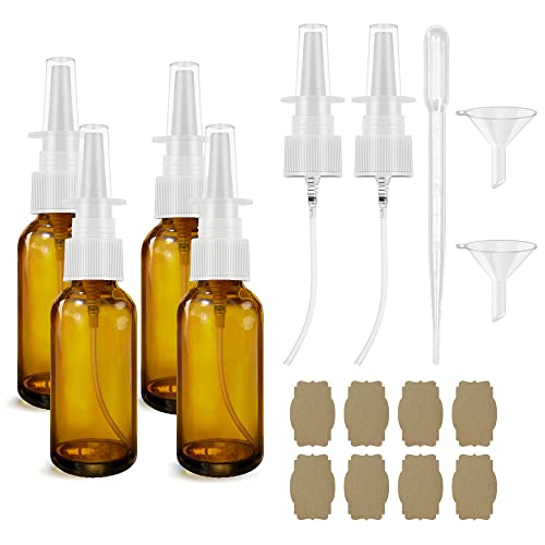 GIVAMEIHF Nasal Spray Bottle 4Pcs 1oz (30ml) with Press Spray Head Refillable Portable Fine Mist 2 Funnel 1 Dropper Labels Glass Nose Spray Bottle Empty