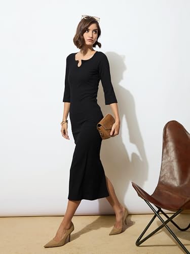 Image of barcino Black Rib Deep V-Neck Ankle Midi Dress