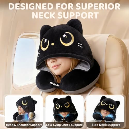 Image of Mewaii Travel Neck Pillow, Airplane Pillow with Hood, Memory Foam, Gray | Neck Support, Reversible, Adjustable Strap, Washable Cover, Cat-Ear Hood, Storage Bag, for Flights, Adults & Teens