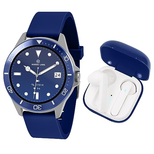 Harry Lime Series 7 Navy Silicone Strap Smart Watch With Blue True Wireless Earphones in Charging Case Harry Lime Series 7 Navy Silicone Strap Smart Watch With Blue True Wireless Earphones in Charging Case