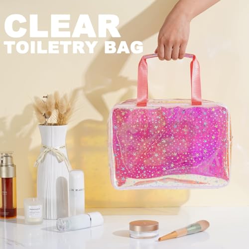 TPU Clear Makeup Bag for Women Waterproof Star Make Up Bag Toiletry Bag Travel Durable Cosmetic Bag Large Cute Tote Bag Organizer Makeup Pouch, Rainbow White2