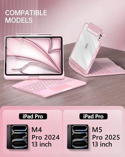 Image of Intermerge for iPad Pro 13(M5,2025 / M4,2024) Case with Keyboard Clear,360 Rotatable Multi-Touch Trackpad,7-Color Backlit Magnetic Keyboard Case with Pencil Holder and Type-C Charging - Pink