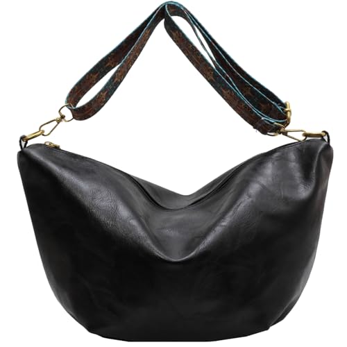 Makukke Umhängetasche Damen Gross PU-Leder Crossbody Bag mit Hobo Breiter Gurt Vintage Schultertasche Beuteltasche für Büro Arbeit Reisen Ausflug Einkauf,Schwarz Tasche
