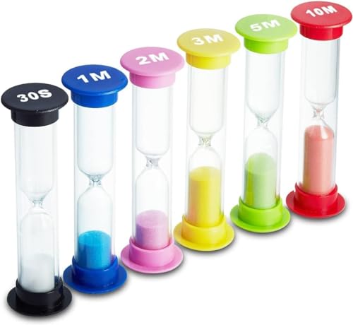 Sand Timer - 6 Colors Hourglass Sandglass Sand Clock - 30sec / 1min 2mins 3mins 5mins / 10mins (Pack of 6) - For Classroom Game Home Office Toothbrush Timer for Children Kids