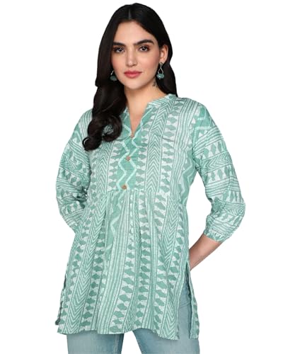 Image of Stylistico Geometric Print Summer Cotton Tunic Western Everyday Regular Fit Full Sleeve v Neck Office Peplum Printed Long Tops for Women Latest