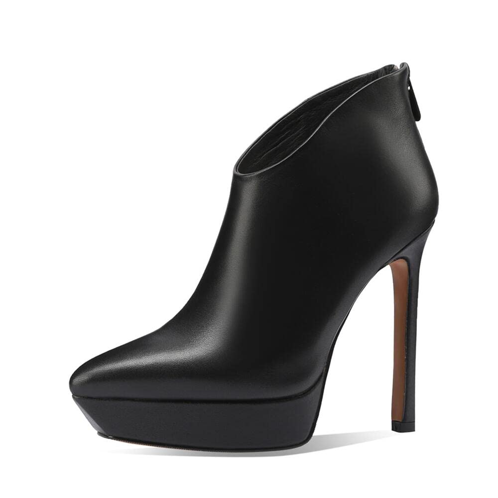 TinaCus Handmade Womens Genuime Leather Platform Back Zipper Pointed Toe High Stiletto Heel Ankle Boots Shoes