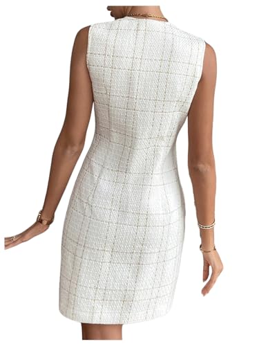 SOLY HUX Women's Plaid Tweed Dress Button Down Crew Neck Sleeveless Work Office Mini Dresses3