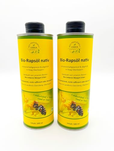 Bio-Rapsöl nativ 2x500 ml (1000 ml) kaltgepresst angebaut und abgefüllt in Oberbayern Naturland Landwirtschaft für eine vegane und glutenfreie Ernährung geeignet