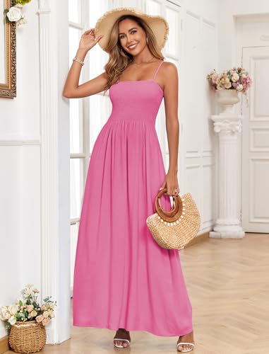 Image of Women Detachable Strap Beach Dress Strapless Smocked Pockets Maxi Dress | Removable Straps Flowy Swing A Line Maxi Beach Dress Boho Vacation Casual Smocked Strapless Beach Wedding Guest Sundress