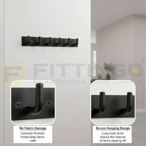 Image of Stainless Steel 6 Hook Cloth Hanger for Door /Dress Hanger Wall Mount /Bathroom Hooks for Hanging Clothes (Black) Pack of 4-| 3 Years Warranty |