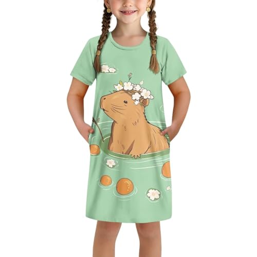 Girls Dresses 3-4Y Casual Short Sleeve Midi Dress Soft Home Garden Play Swing Dresses with Pockets