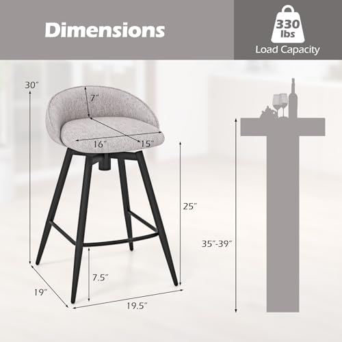 Butacos Giratorios GIANTEX, Juego de 2, Altura de Barra 25", con Reposapiés, Espalda Baja y Estructura de Metal, Tapizados en Tela de Lino para Isla de Cocina, Café y Pub, Gris miniatura 3