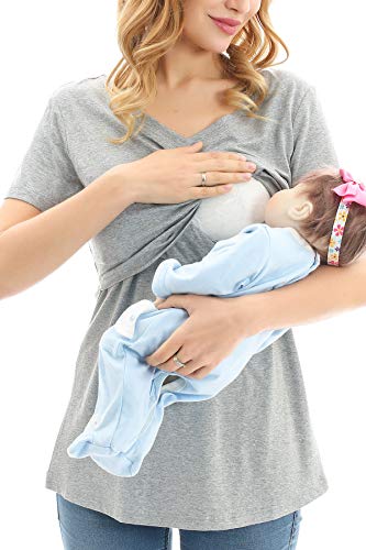 Bearsland Womens 3 Packs V Neck Nursing Tops Maternity Breastfeeding Tee Shirts,Black+Lightgray+Brown,M #TOP2