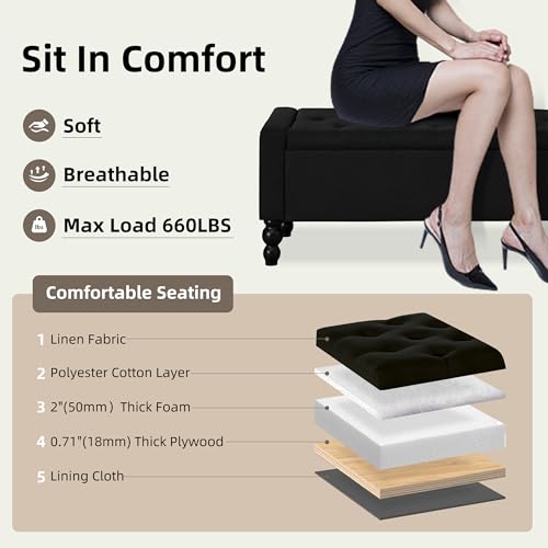 Image of 50 inch W Storage Ottoman Bench with Safety Hinge, Load up to 660 lb Ottoman with Storage, Upholstered Tufted Entryway Bench with Seating for Living Room, Bedroom, Entryway, Black