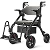 VOCIC Walkers for Seniors, Z55 2 in 1 Walker Wheelchair Combo, No-Bend Footrest, Rollator with 10 All Terrain Big Wheels, Transport Wheelchair Foldable, Rollator with Seat & Brakes, Storage Bag