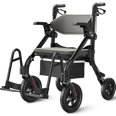 VOCIC Walkers for Seniors, Z55 2 in 1 Walker Wheelchair Combo, No-Bend Footrest, Rollator with 10 All Terrain Big Wheels, Transport Wheelchair Foldable, Rollator with Seat & Brakes, Storage Bag