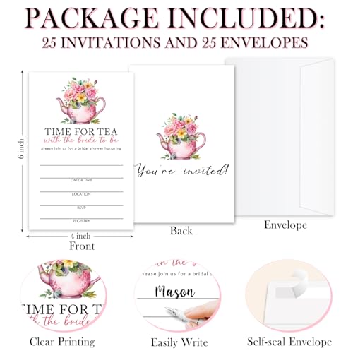 Tarjetas de despedida de soltera con teteras y sobres invitaciones florales boda 2