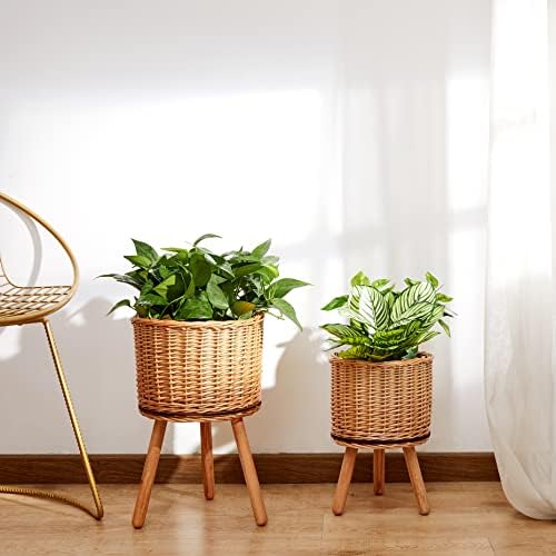 Plant Pot Planter Large Flower Pot Indoor Plant Pot Set Wicker Woven Flowers Wood Lining, Colour:Nature, Sets:4pcs Set/Design 9
