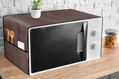 Image of Microwave Oven Cover for Durable, Waterproof and Dustproof Kitchen Protector with 4 Side Storage Pockets for Kitchen Accessories (100 x 35 cm) (Brown)