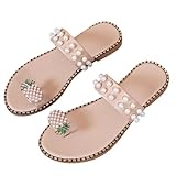 knictto Fruit Toe-Post Sandals for Women Cute Yellow Slippers With Pearl Pineapple Flat Sandals Outdoor Summer (US8-8.5,Beige,8,8.5)