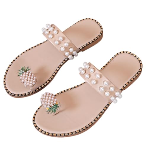 Fruit Toe-Post Sandals for Women Cute Yellow Slippers With Pearl Pineapple Flat Sandals Outdoor Summer