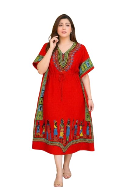 ukal Women's African Print Summer Long Maxi Kaftan Nighty Nightwear Dress, V-Neck, Short Sleeve, with Traditional Pattern, Plus Size (Free Size)-picture-46