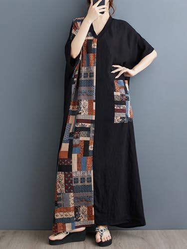 Women Plus Size Dress V-Neck Short Sleeve Unique Artistic Print Patchwork Casual Loose Dresses with Pockets4